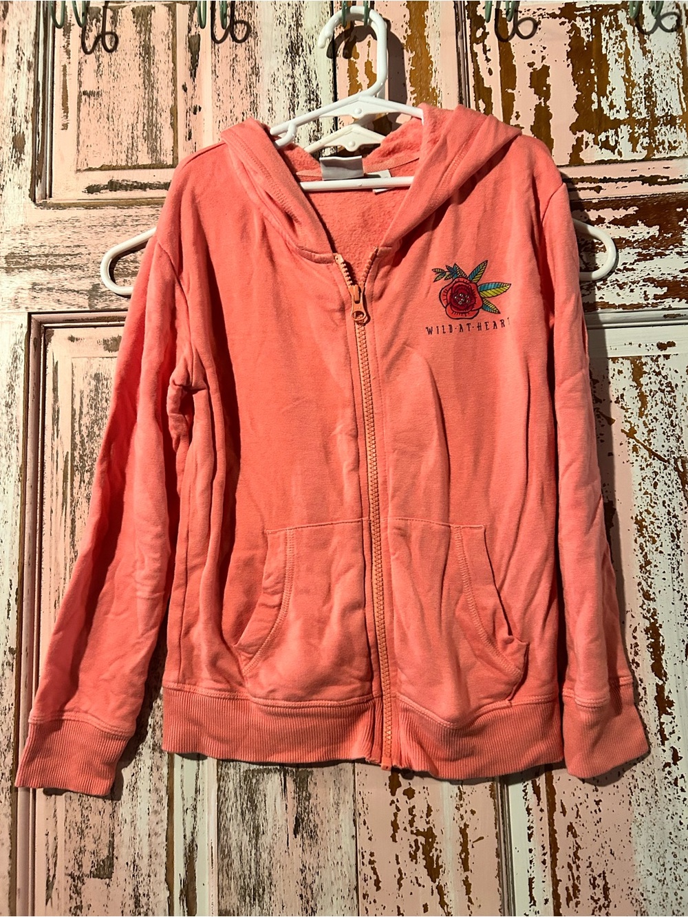 Falls Creek Coral Zip-Up Hooded Jacket with Rose and Unicorn Print on back